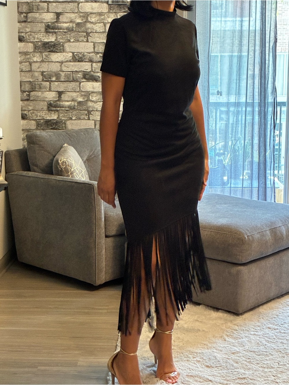 New York & Company Black Asymmetrical Fringe Dress
